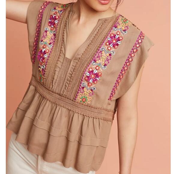 Blank London Tops - Bl^nk London Sedona Top Womens Medium Mocha Embellished Embroidered Beaded Boho